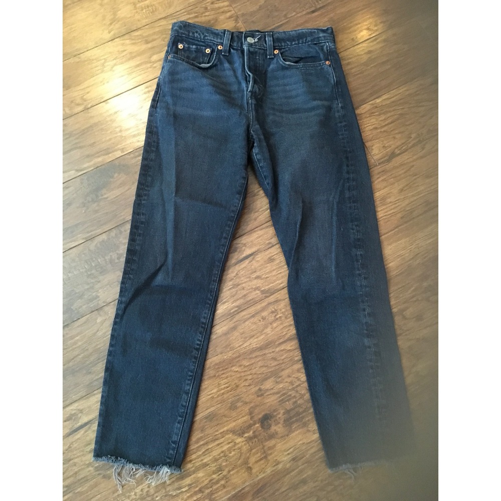Levis 501 Original High Rise Straight Leg Jeans Dark Wash Raw Hem Womens 27x26